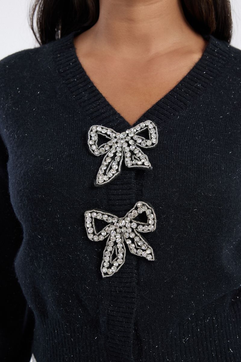 knitted cardigan with rhinestone bow