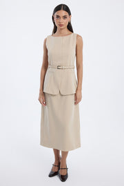 sleeveless belted midi dress