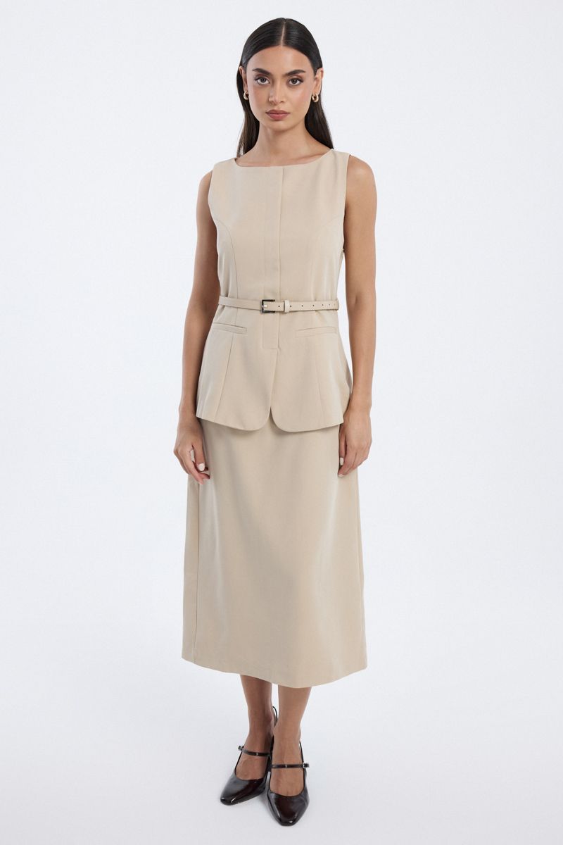 sleeveless belted midi dress