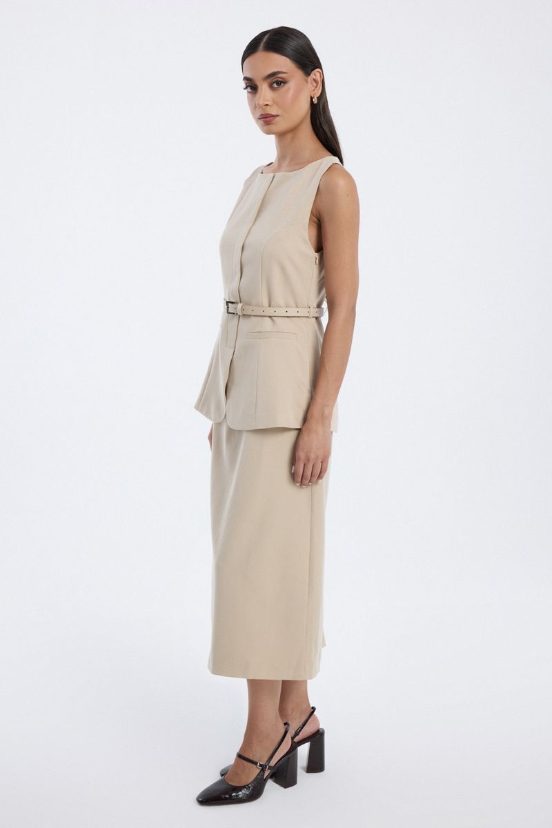 sleeveless belted midi dress