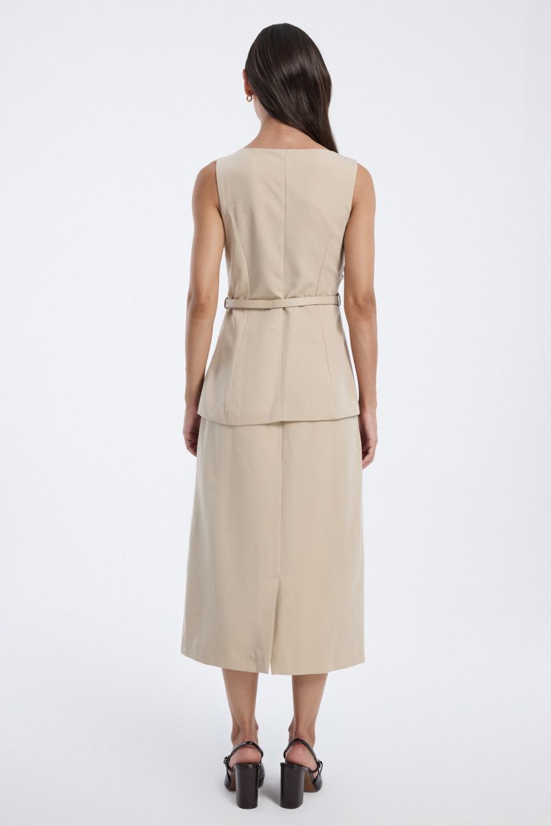 sleeveless belted midi dress