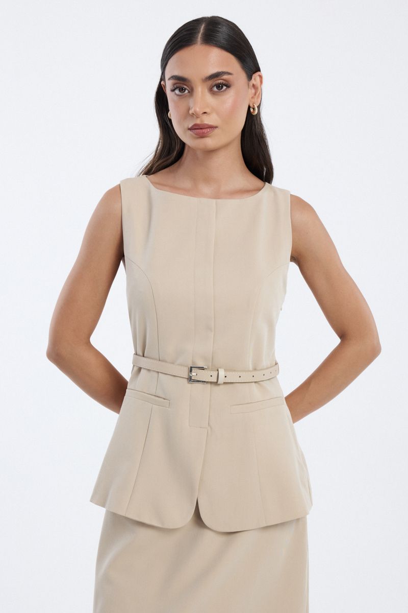 sleeveless belted midi dress