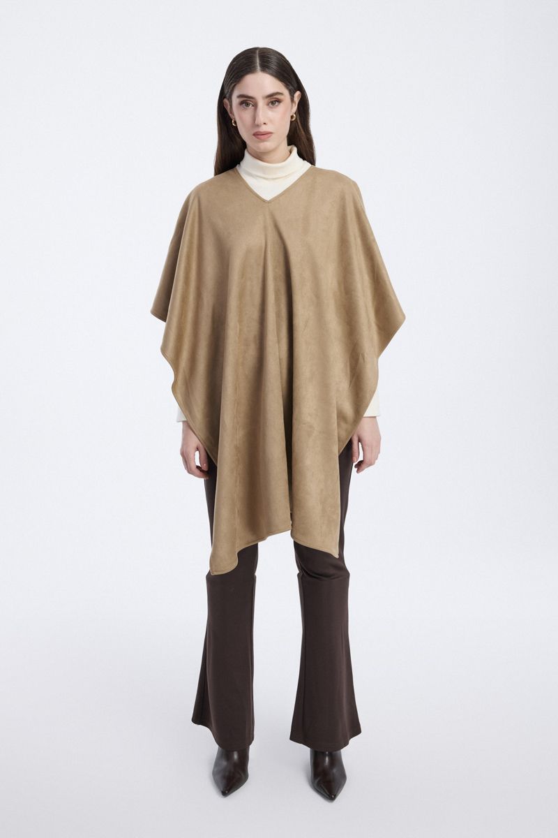 Suede Effect Poncho with V Neck