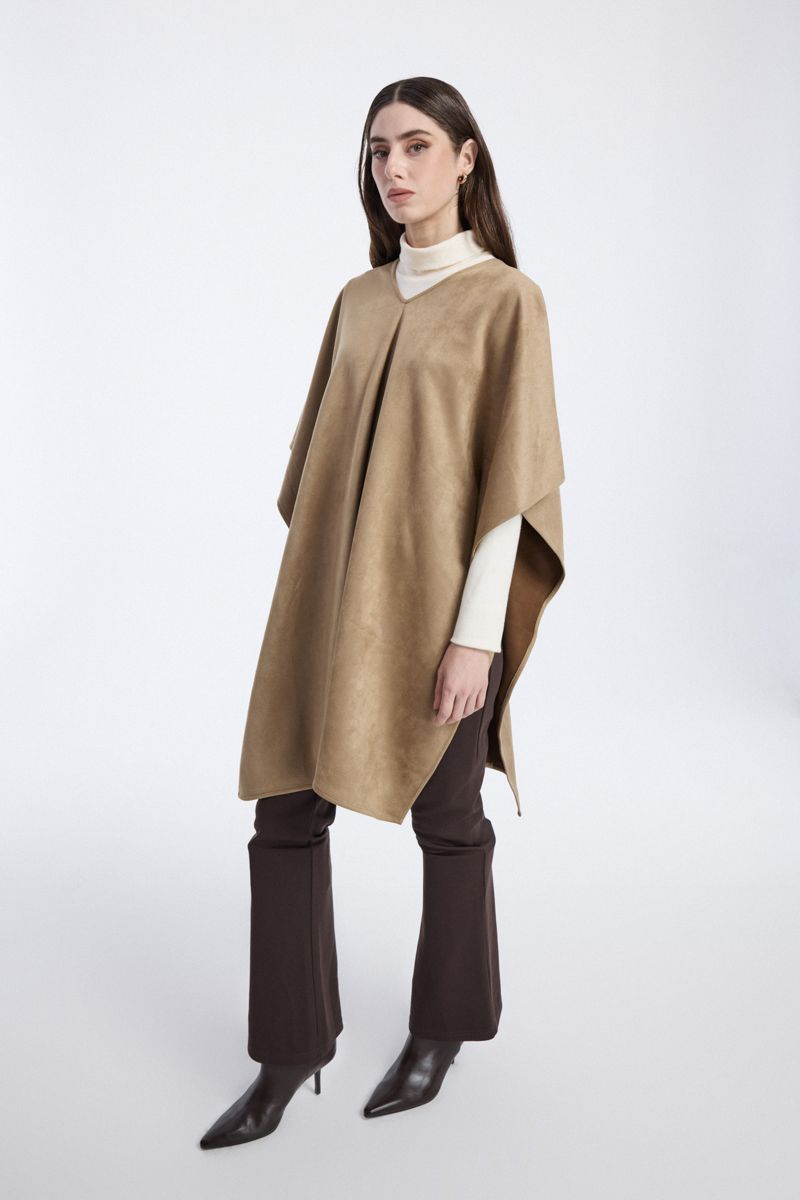 Suede Effect Poncho with V Neck
