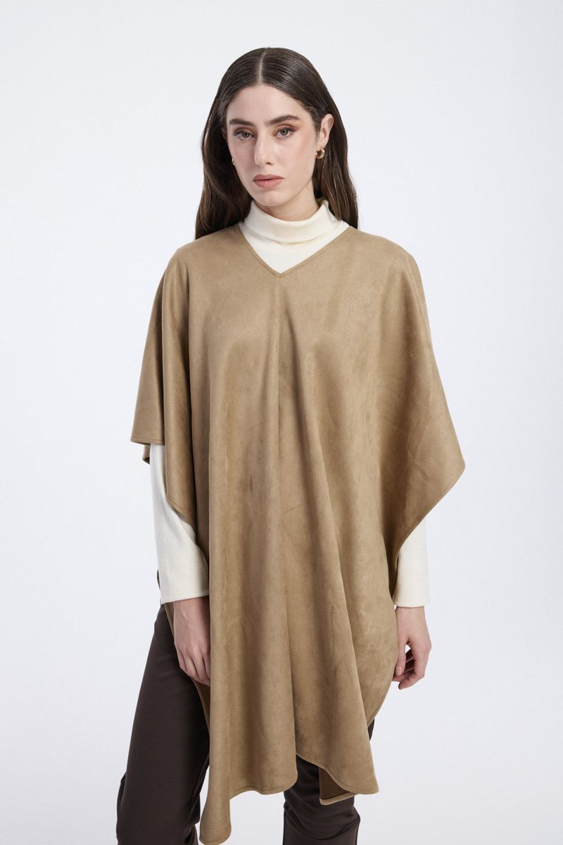 Suede Effect Poncho with V Neck