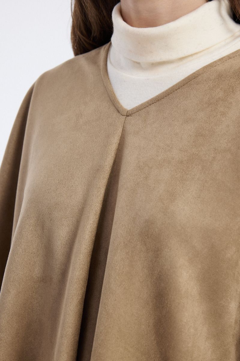 Suede Effect Poncho with V Neck