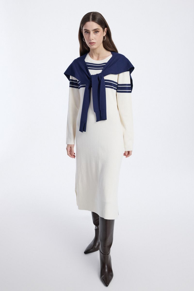 Knit Longline Dress with Striped Detail