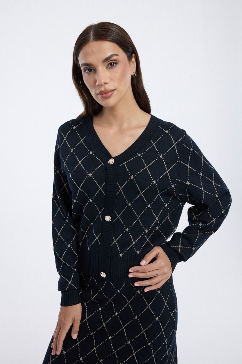 Knitted Cardigan with Checked Pattern