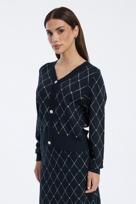 Knitted Cardigan with Checked Pattern