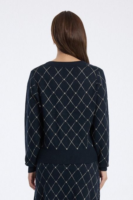 Knitted Cardigan with Checked Pattern