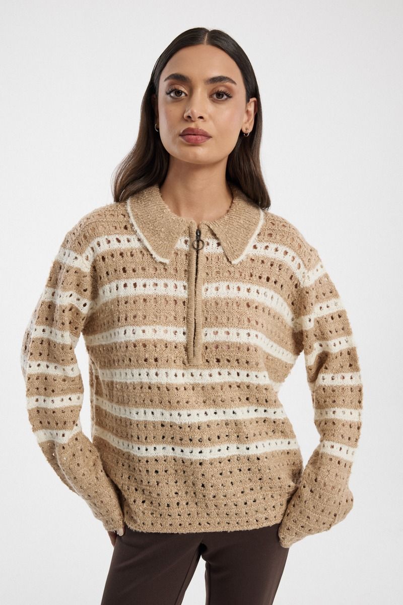 Striped Knit Sweater with Half Zip