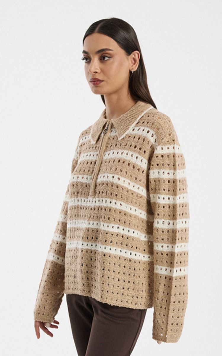 Striped Knit Sweater with Half Zip