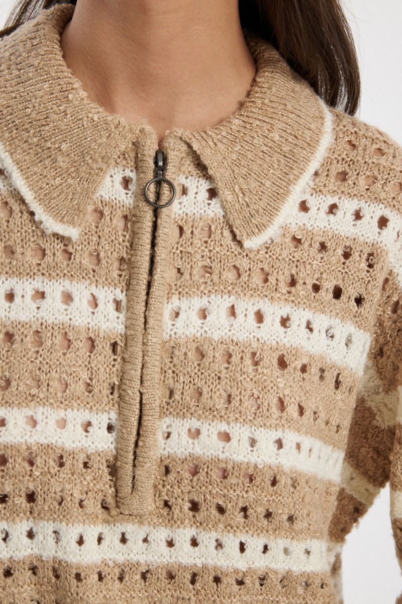 Striped Knit Sweater with Half Zip