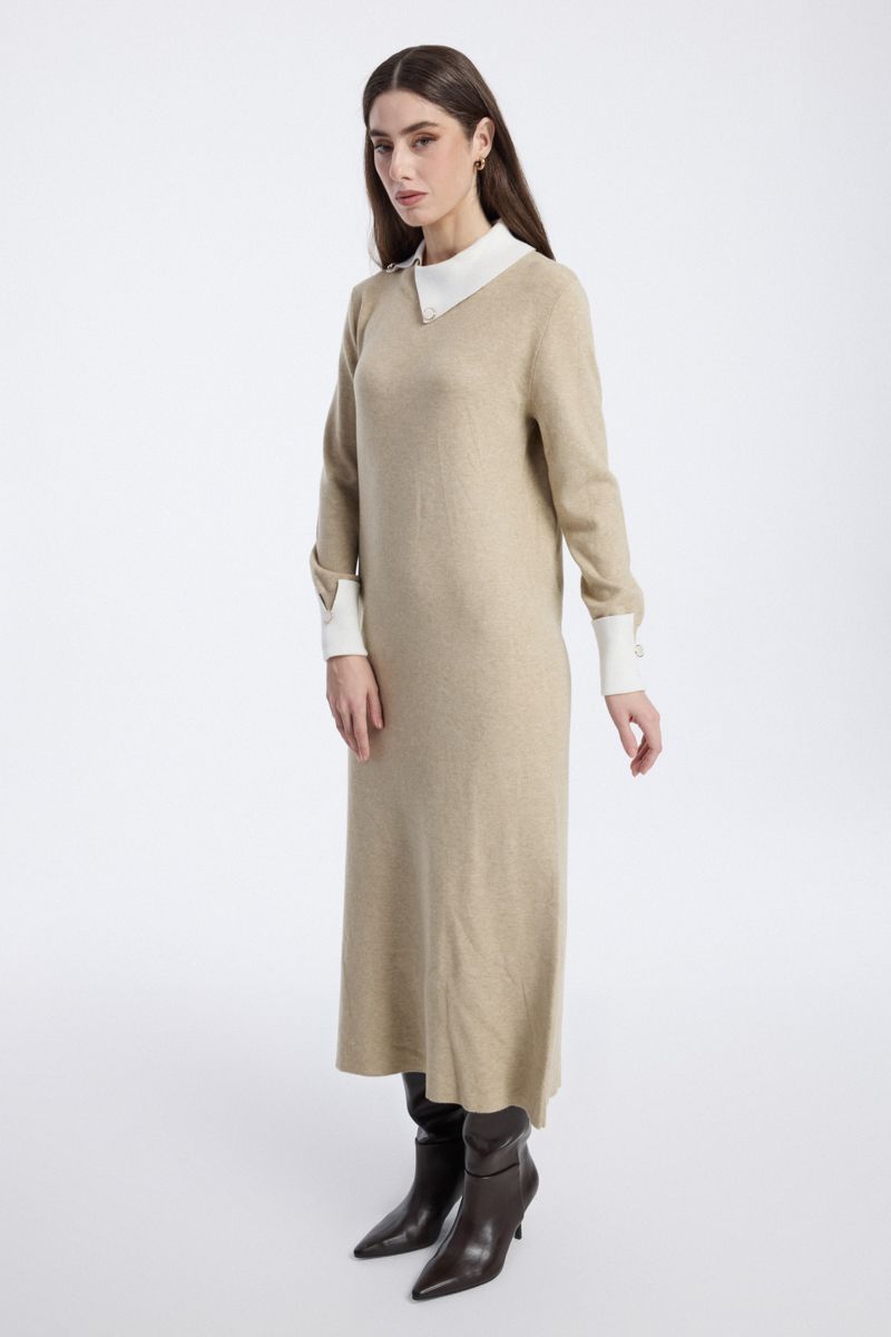 Knit Dress with Contrast Collar and Cuffs