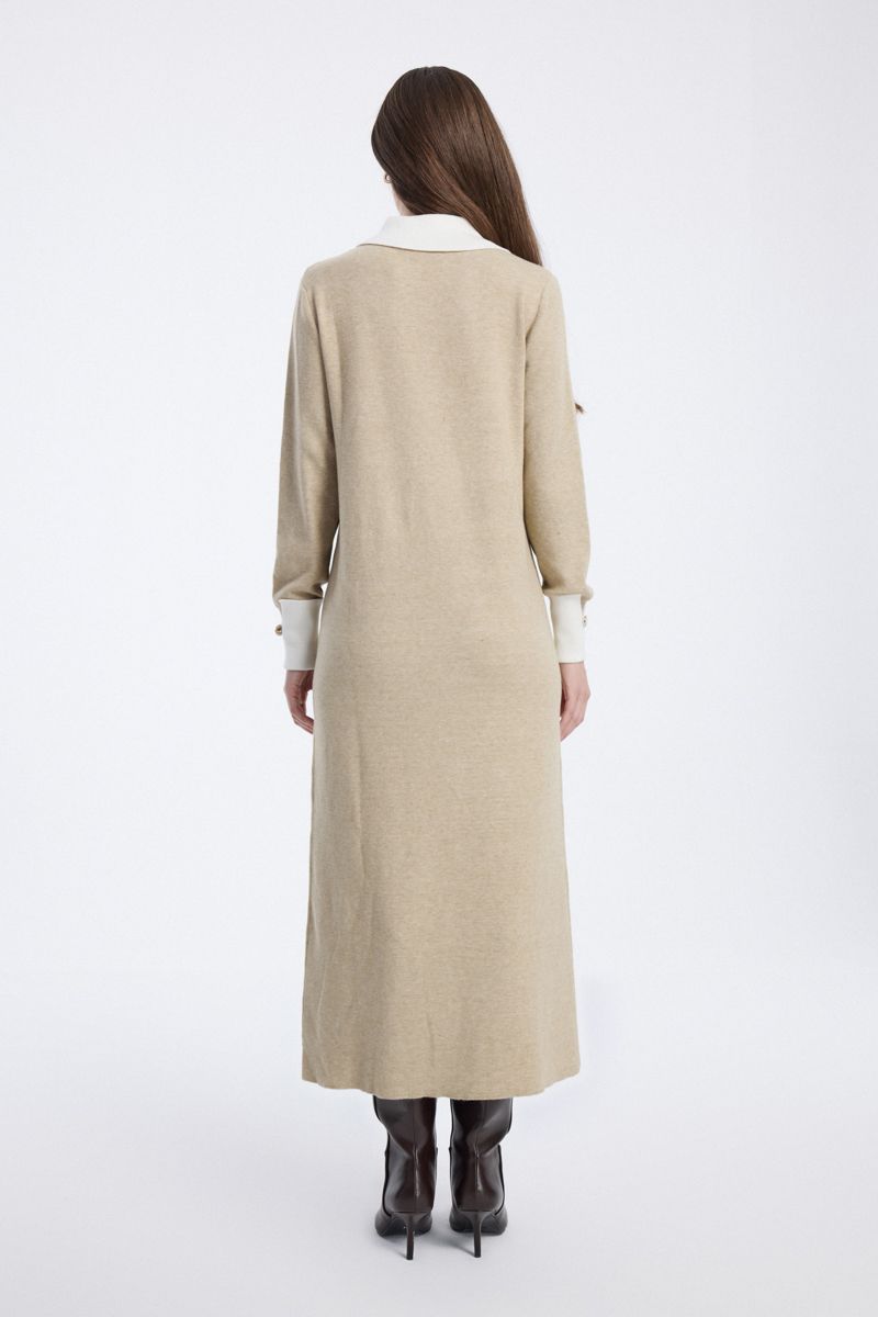 Knit Dress with Contrast Collar and Cuffs