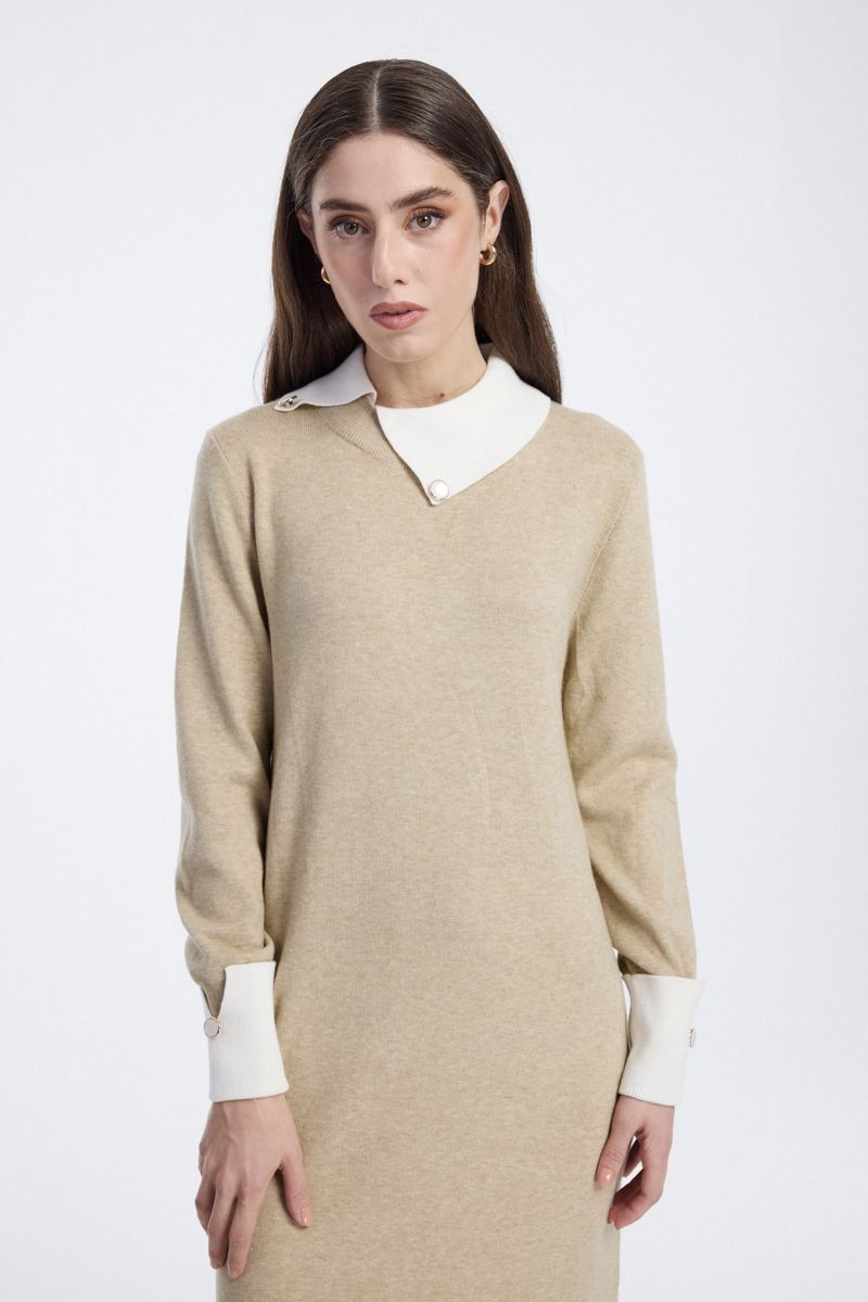 Knit Dress with Contrast Collar and Cuffs