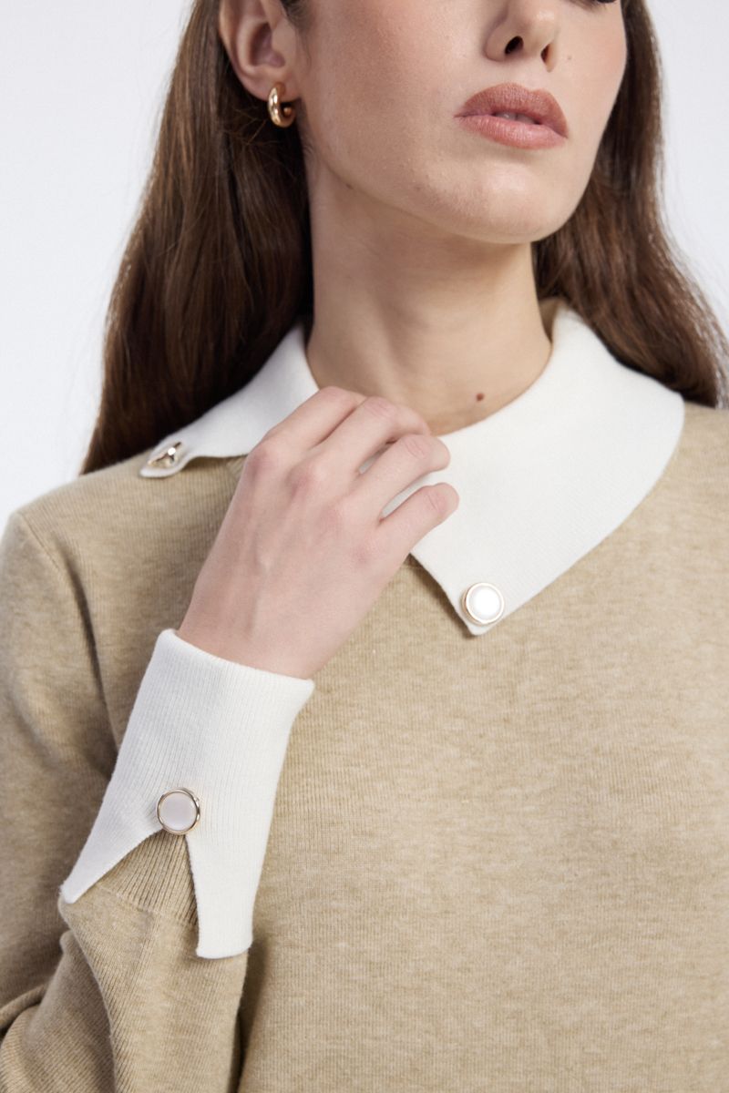 Knit Dress with Contrast Collar and Cuffs