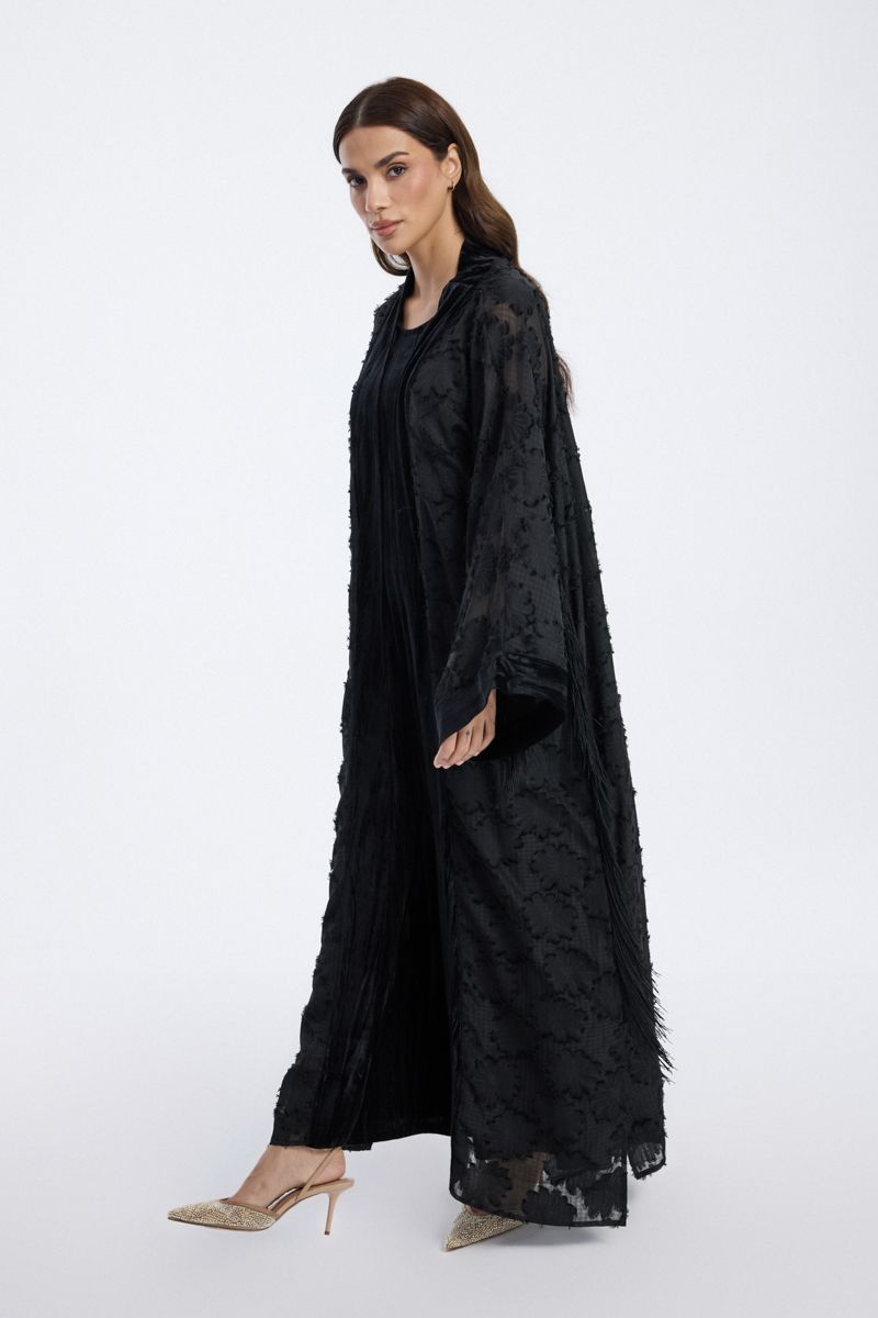 Abaya with Sheer Overlay and Textured Details