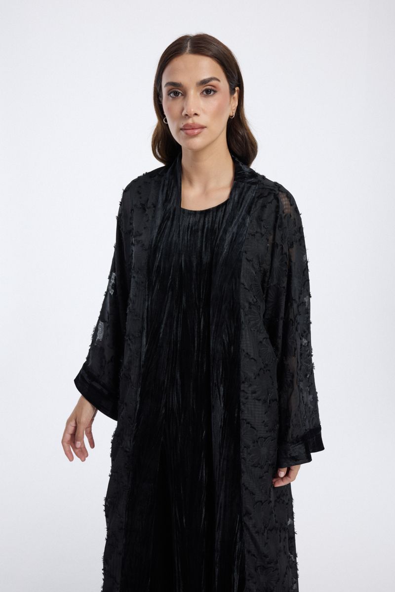 Abaya with Sheer Overlay and Textured Details