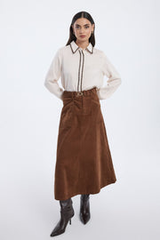 corduroy midi skirt with belt
