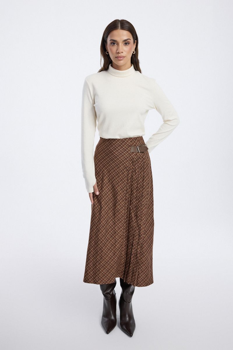 Checked Midi Skirt with Side Buckle