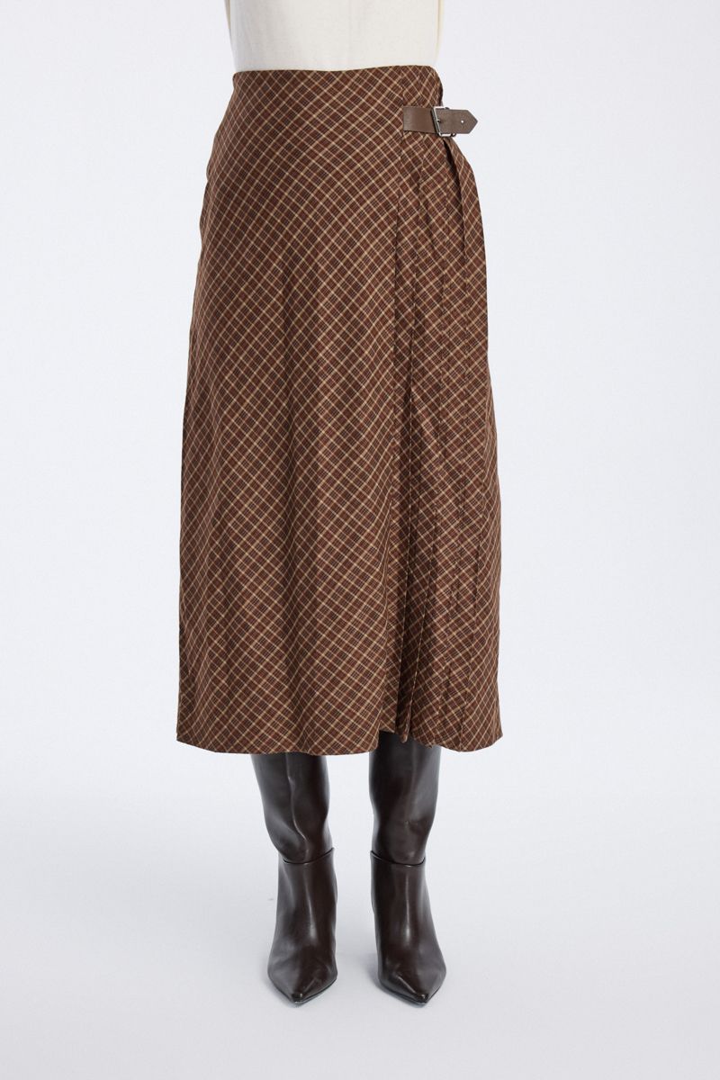 Checked Midi Skirt with Side Buckle