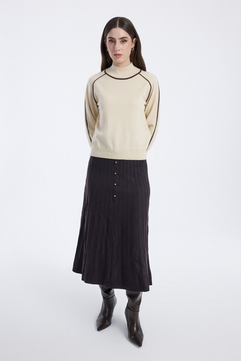 Pleated Midi Skirt with Front Buttons