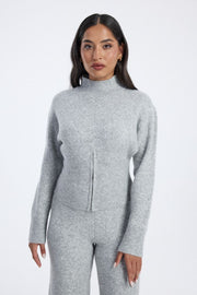 mock neck knitted zip front sweater
