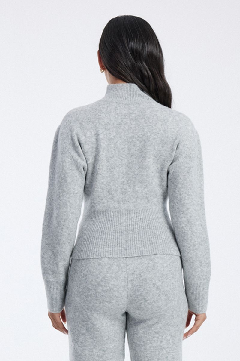 mock neck knitted zip front sweater
