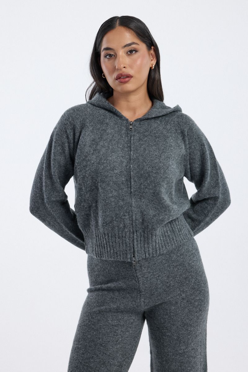 knitted zip-up hoodie with ribbed hem