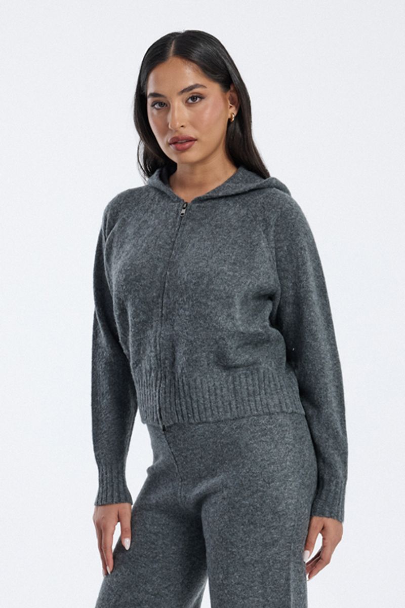 knitted zip-up hoodie with ribbed hem