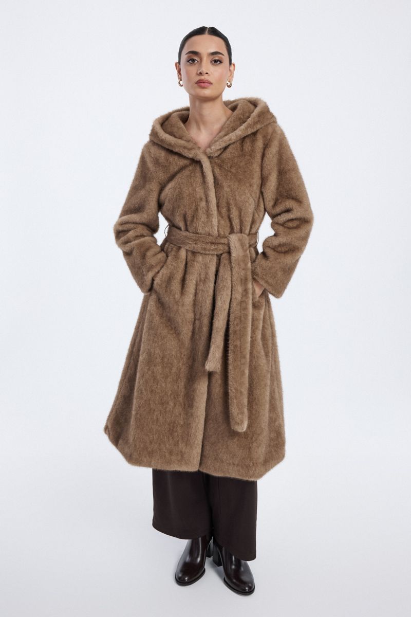 faux fur long coat with hood