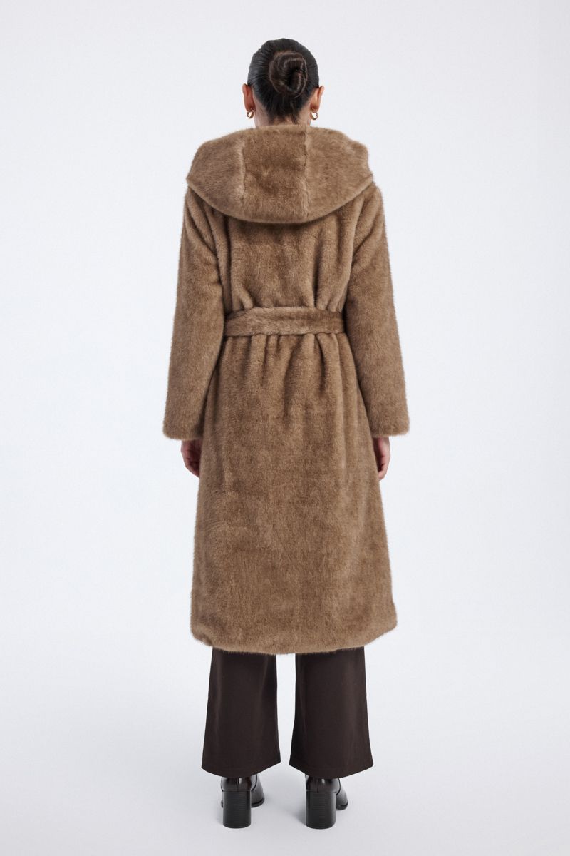 faux fur long coat with hood