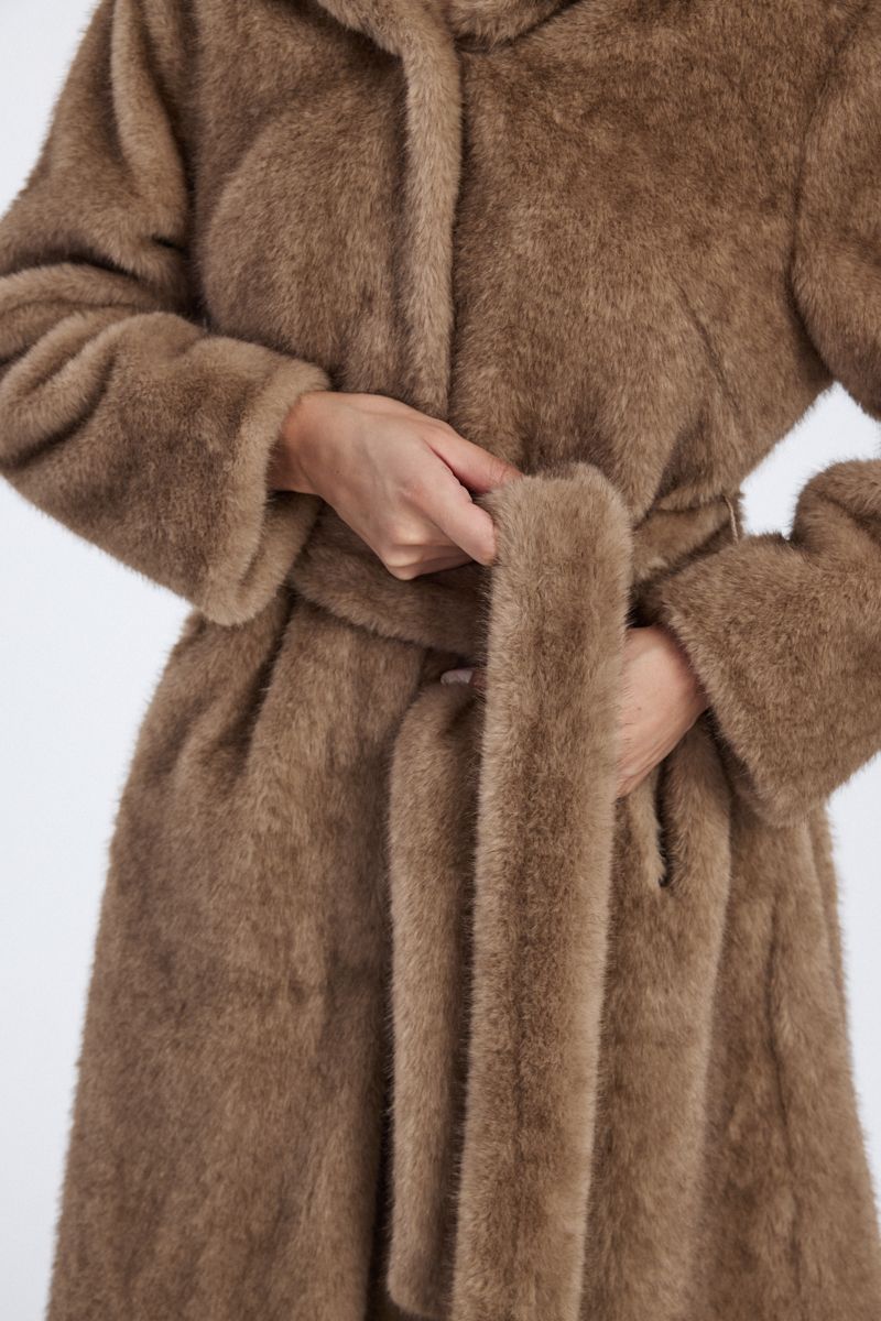 faux fur long coat with hood