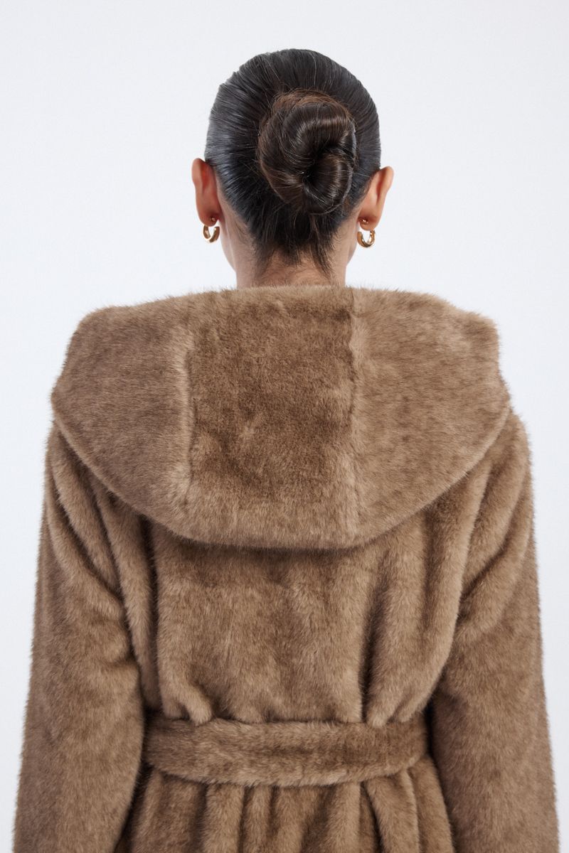 faux fur long coat with hood