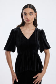velvet peplum blouse with puff sleeves