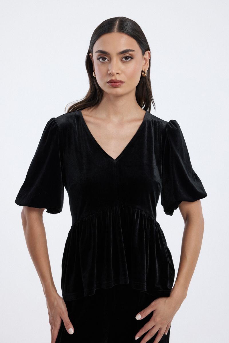 velvet peplum blouse with puff sleeves