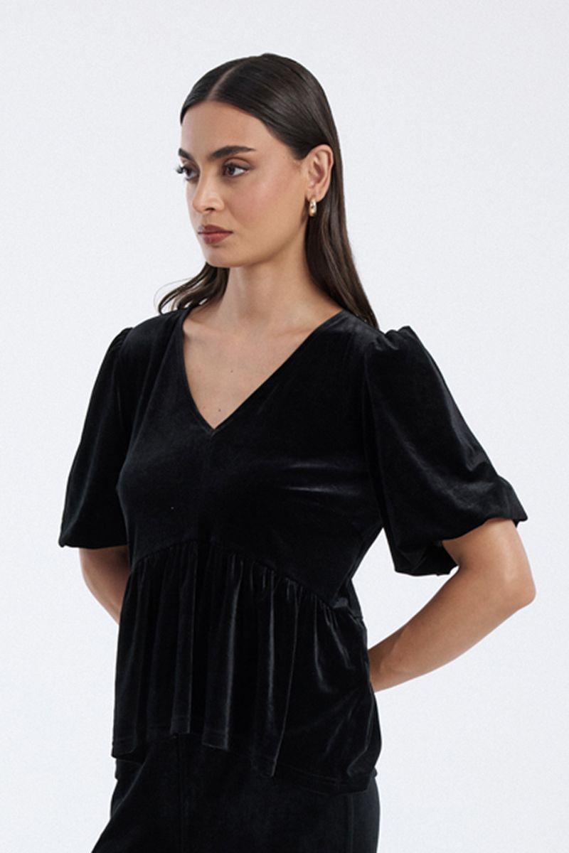 velvet peplum blouse with puff sleeves
