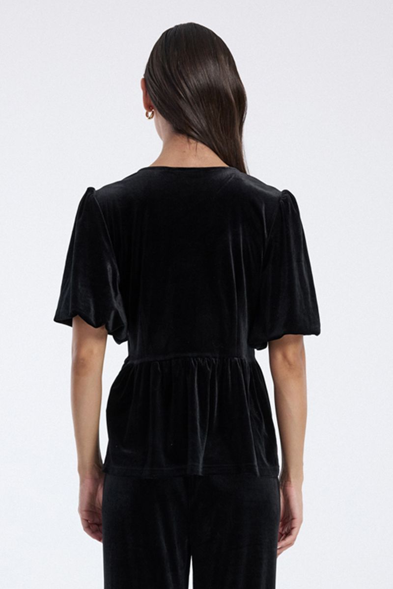 velvet peplum blouse with puff sleeves