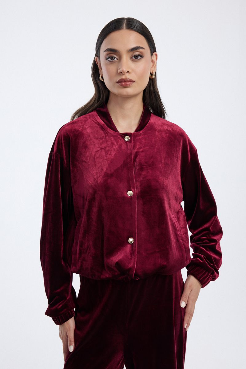 velvet button-up bomber jacket