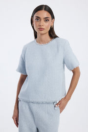 tweed blouse with raw edge details