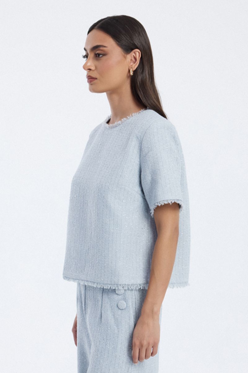 tweed blouse with raw edge details