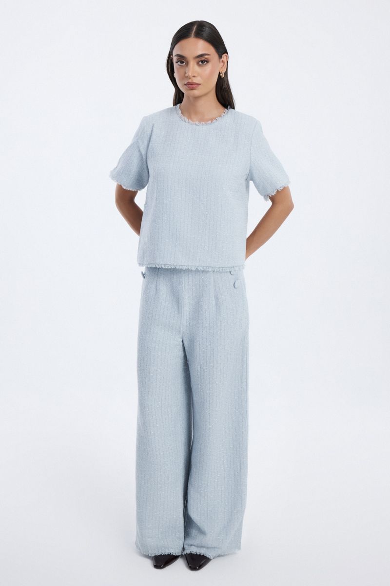 wide leg tweed trousers with buttons