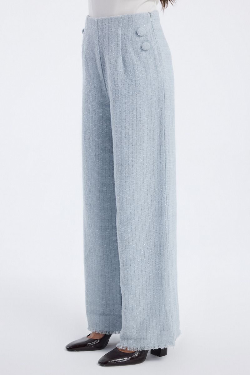 wide leg tweed trousers with buttons