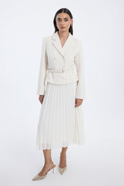 pleated midi dress with belted waist