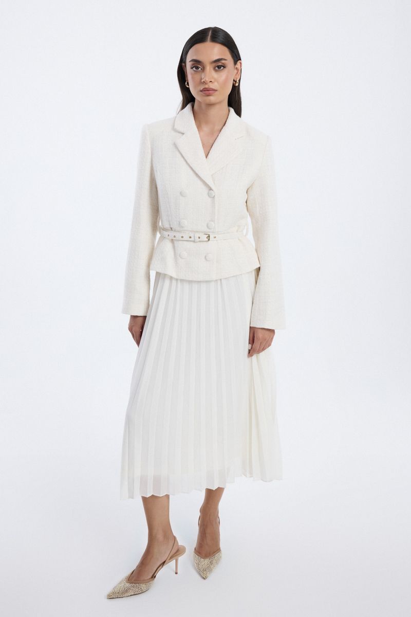 pleated midi dress with belted waist