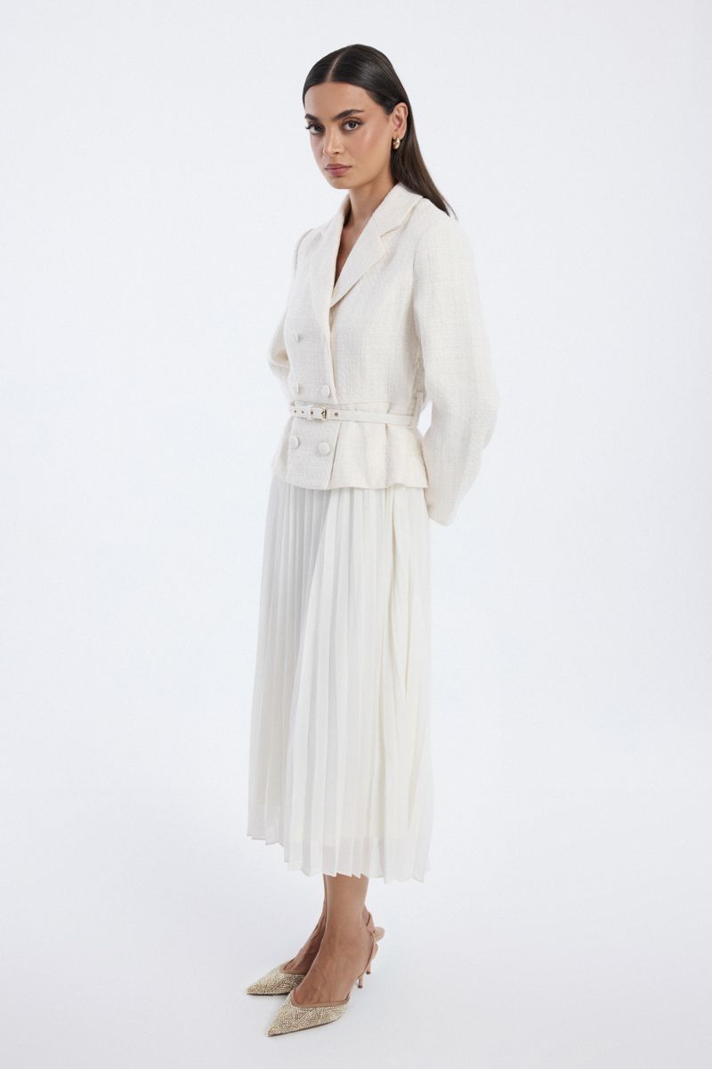 pleated midi dress with belted waist