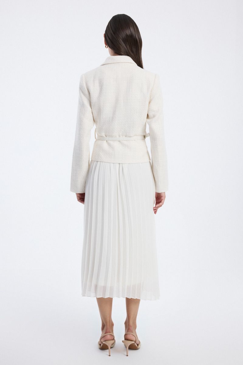 pleated midi dress with belted waist