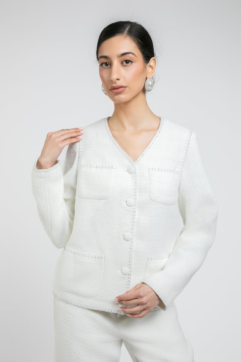 جاكيت بقماش منقوش مع أزرار أمامية