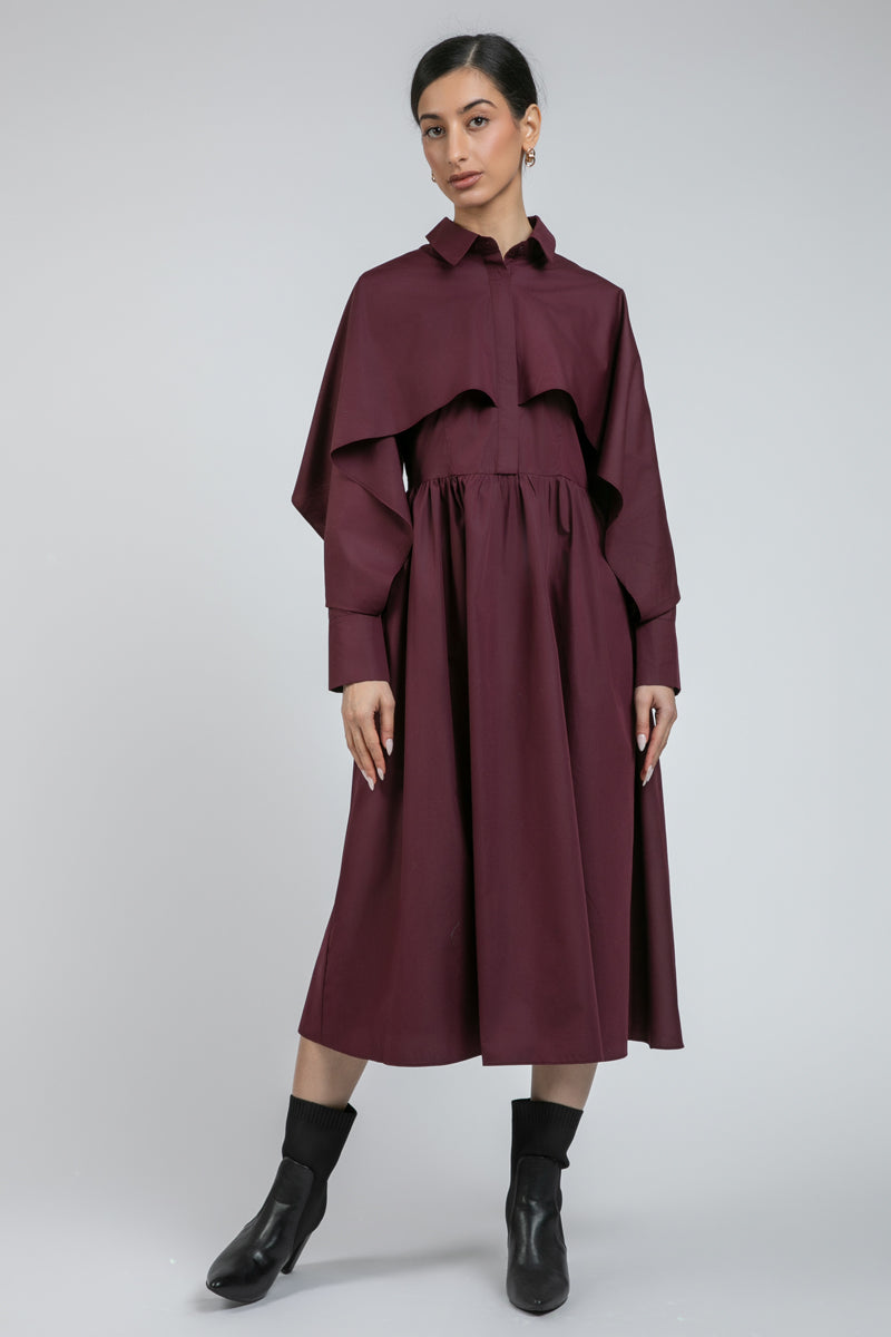 فستان ميدي بتفصيل كيب وياقة قميص